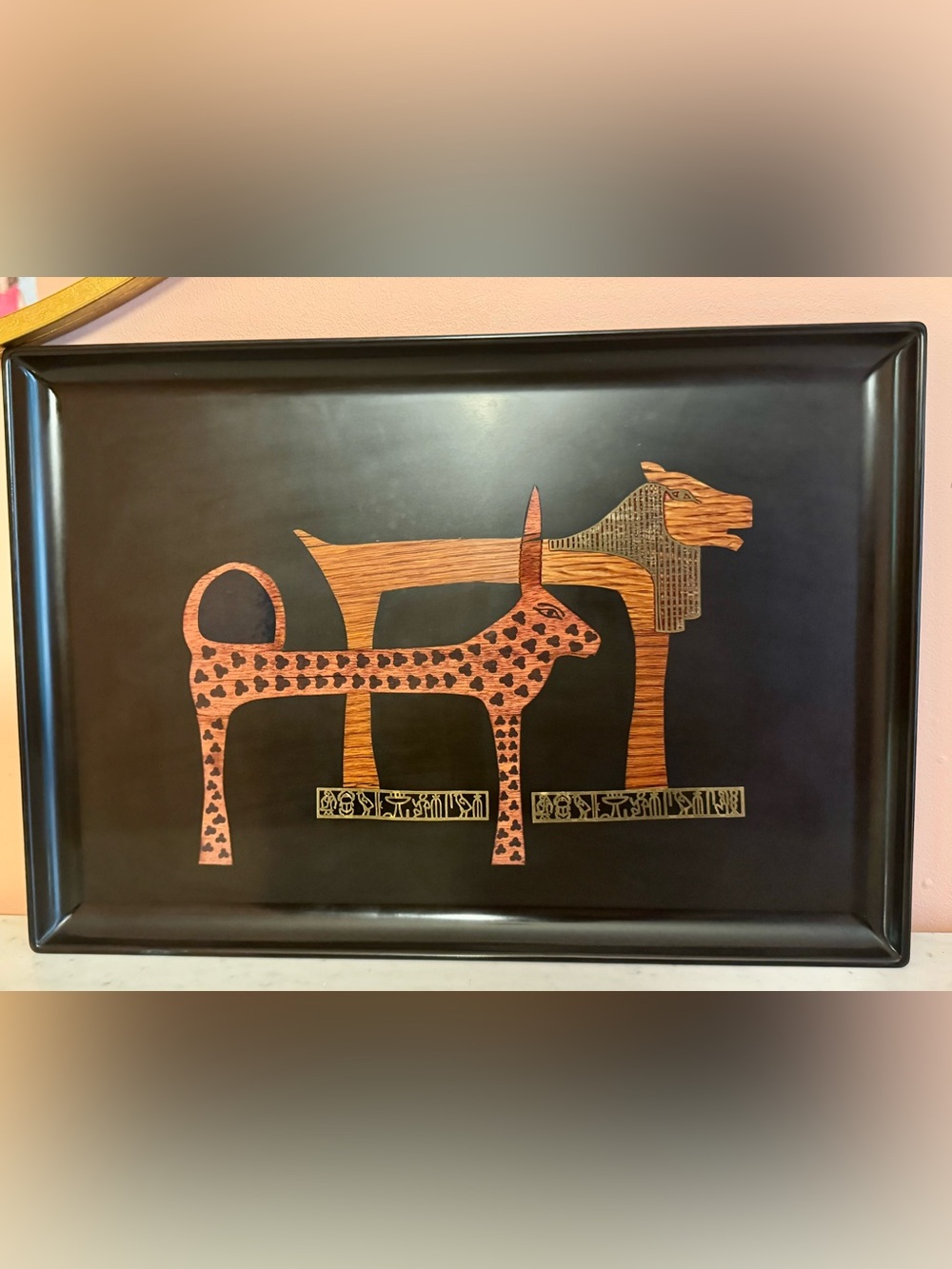 Rare Couroc of Monterey Egyptian Big Cats & Hieroglyphics Resin Tray, Wood/Brass